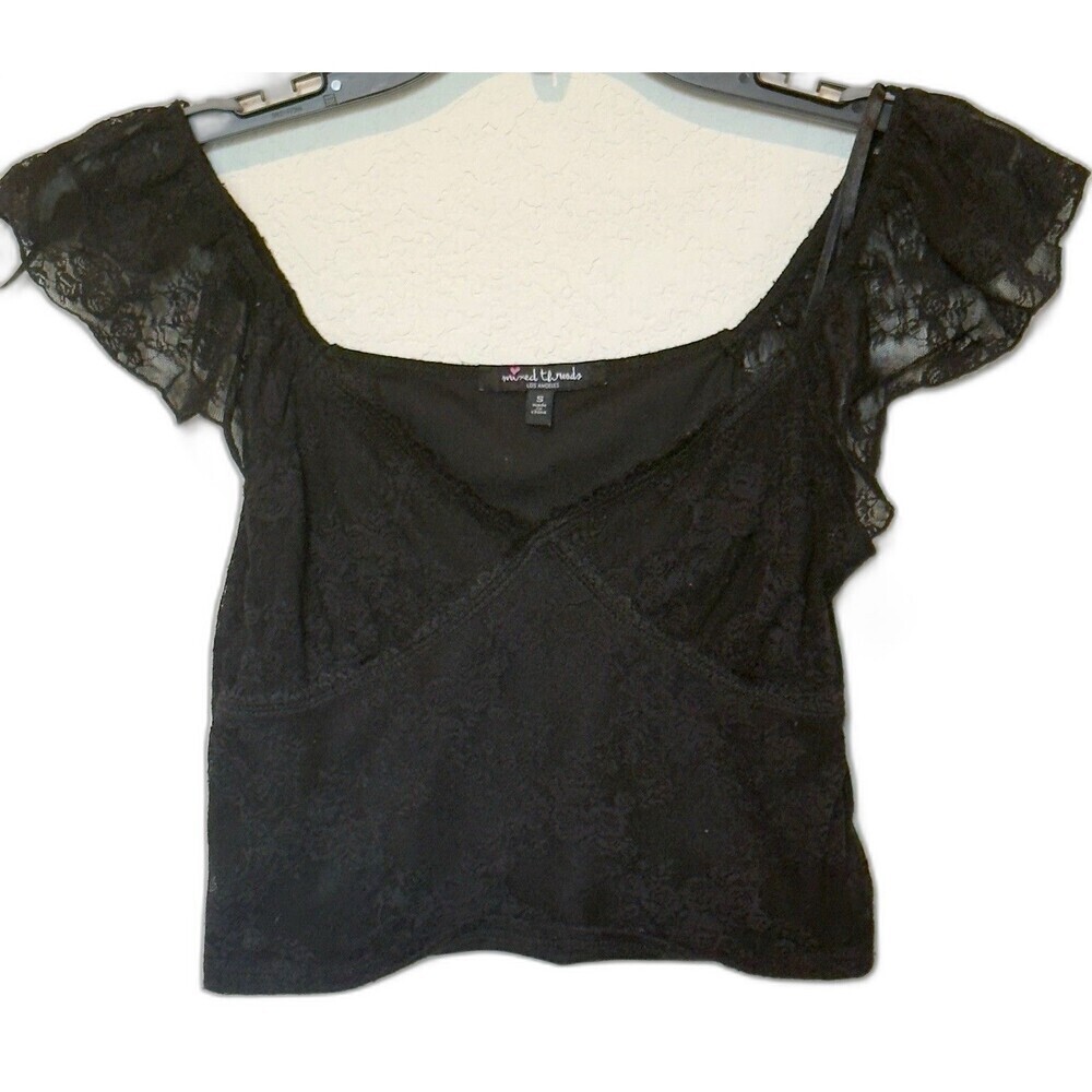 Mixed Threads Y2K Crop Top Black Lace Milkmaid Off The Shoulder Women's S